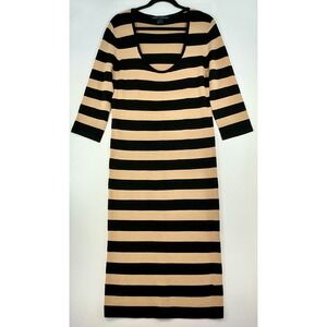 French Connection Midi Knit Dress M Black Tan Striped 3/4 Sleeve Cutout